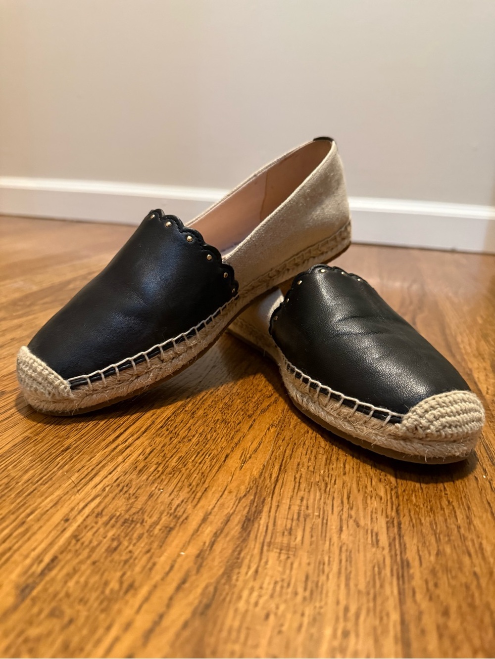 kate spade Black Leather Espadrille Flats with Scalloped Trim